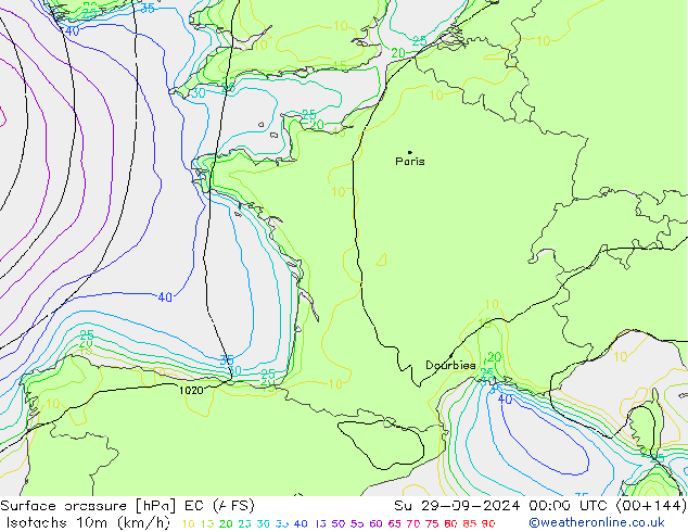 Isotachs (kph) EC (AIFS) Su 29.09.2024 00 UTC