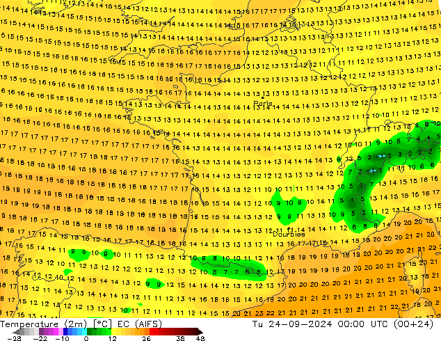 Temperature (2m) EC (AIFS) Tu 24.09.2024 00 UTC