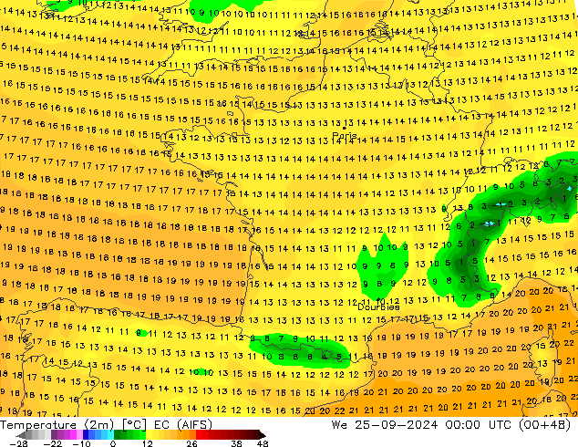 Temperatura (2m) EC (AIFS) Qua 25.09.2024 00 UTC