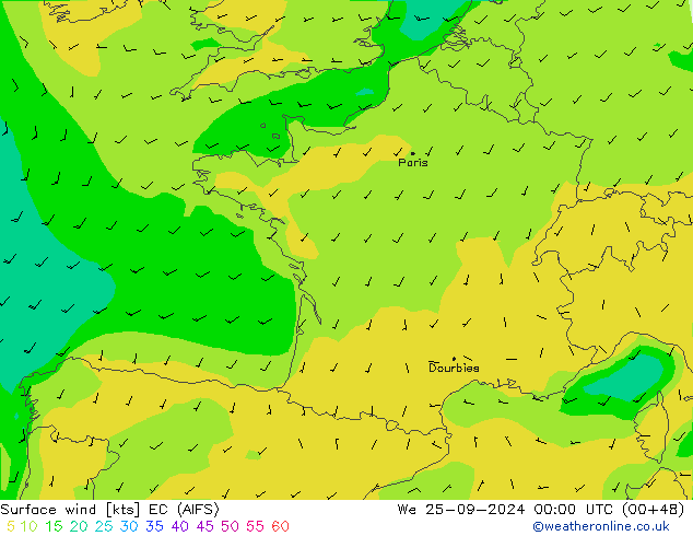 Surface wind EC (AIFS) We 25.09.2024 00 UTC