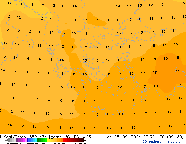 Géop./Temp. 850 hPa EC (AIFS) mer 25.09.2024 12 UTC