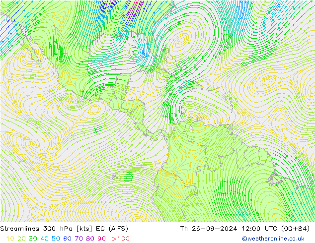 Línea de corriente 300 hPa EC (AIFS) jue 26.09.2024 12 UTC