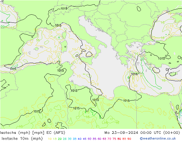 Isotachs (mph) EC (AIFS) Mo 23.09.2024 00 UTC