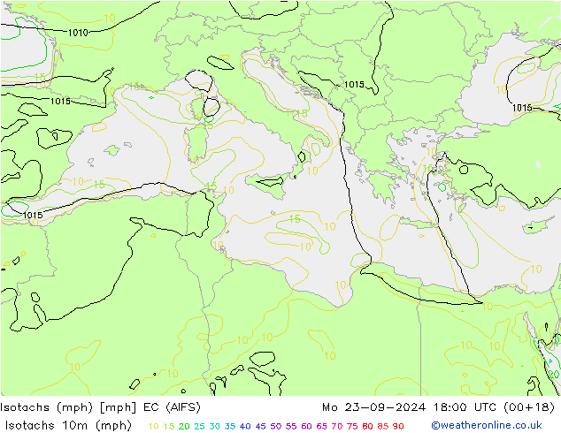 Isotachs (mph) EC (AIFS) Mo 23.09.2024 18 UTC