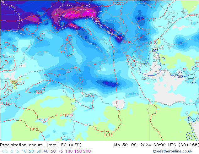 Precipitation accum. EC (AIFS) pon. 30.09.2024 00 UTC