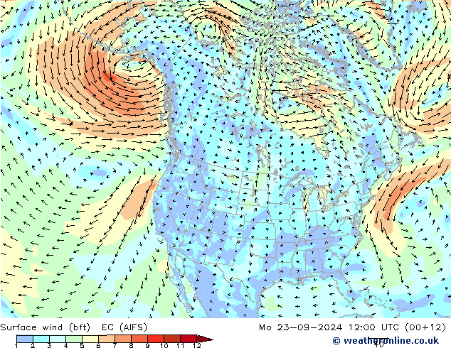 Vent 10 m (bft) EC (AIFS) lun 23.09.2024 12 UTC