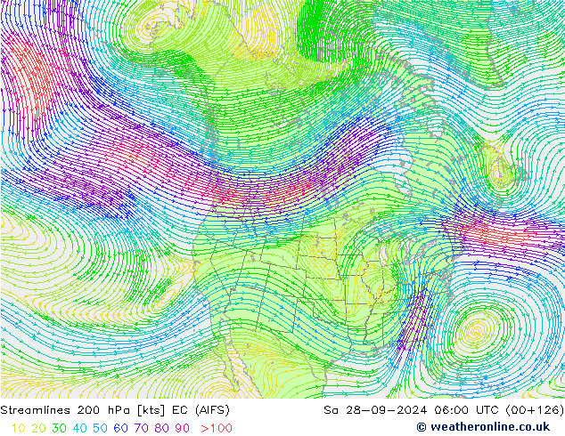 Stroomlijn 200 hPa EC (AIFS) za 28.09.2024 06 UTC