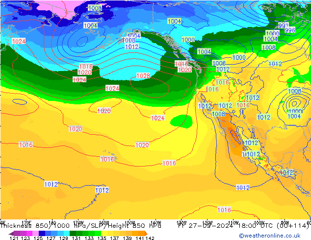 Dikte 850-1000 hPa EC (AIFS) vr 27.09.2024 18 UTC