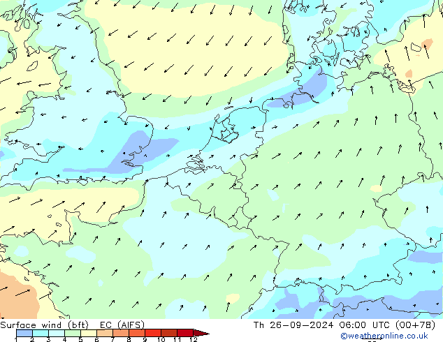 Surface wind (bft) EC (AIFS) Čt 26.09.2024 06 UTC