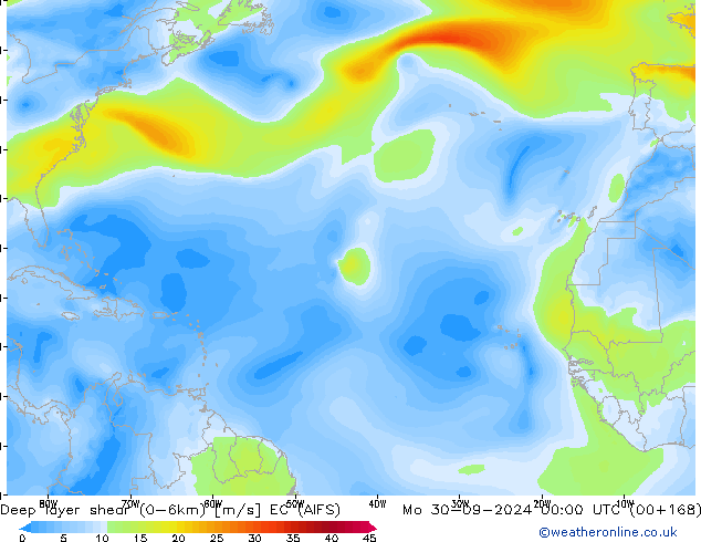 Deep layer shear (0-6km) EC (AIFS) Mo 30.09.2024 00 UTC