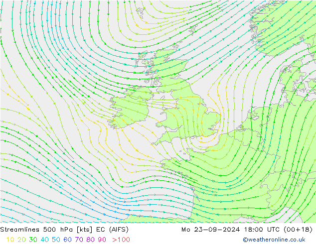 Línea de corriente 500 hPa EC (AIFS) lun 23.09.2024 18 UTC