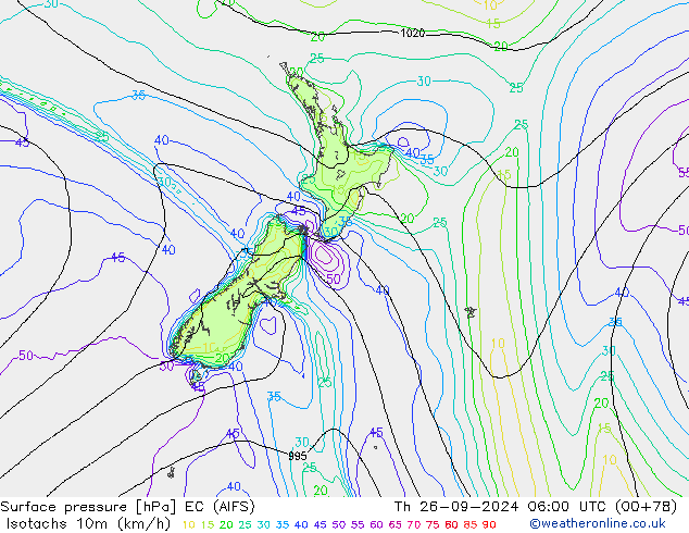 Isotachs (kph) EC (AIFS) чт 26.09.2024 06 UTC