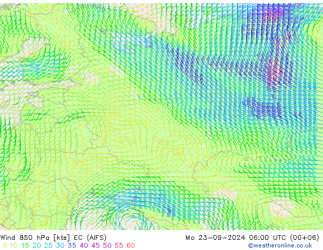 Vent 850 hPa EC (AIFS) lun 23.09.2024 06 UTC