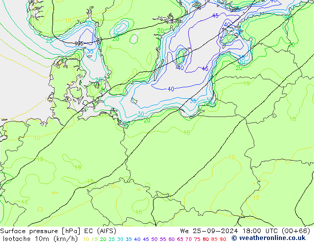 Isotachs (kph) EC (AIFS) mer 25.09.2024 18 UTC
