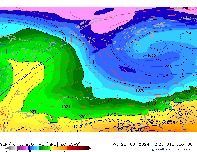 SLP/Temp. 850 hPa EC (AIFS) We 25.09.2024 12 UTC