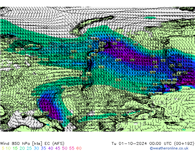 Wind 850 hPa EC (AIFS) Tu 01.10.2024 00 UTC