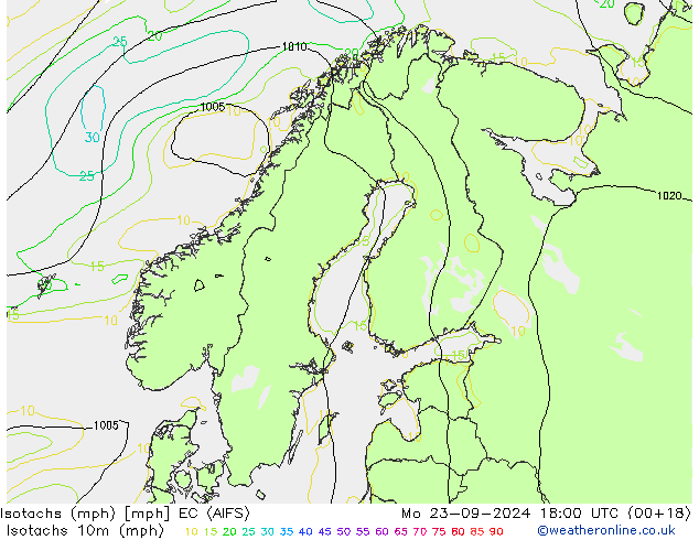 Isotachen (mph) EC (AIFS) Mo 23.09.2024 18 UTC