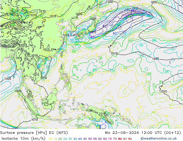 Isotachs (kph) EC (AIFS) Mo 23.09.2024 12 UTC