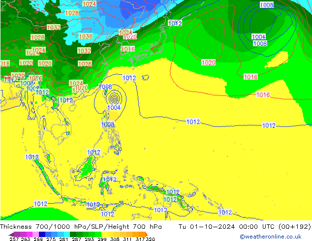 Thck 700-1000 hPa EC (AIFS)  01.10.2024 00 UTC