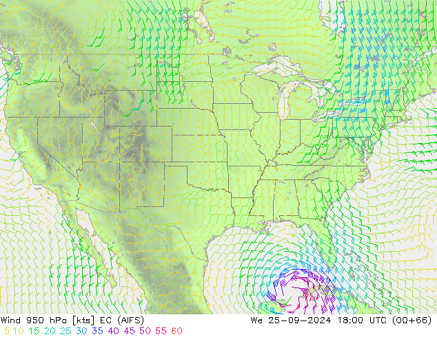 Vento 950 hPa EC (AIFS) mer 25.09.2024 18 UTC