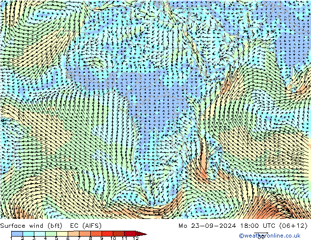 Surface wind (bft) EC (AIFS) Po 23.09.2024 18 UTC