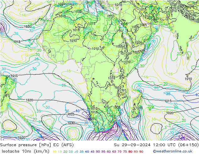 Isotachen (km/h) EC (AIFS) zo 29.09.2024 12 UTC