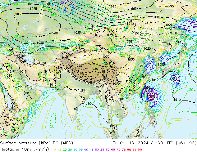 Isotachs (kph) EC (AIFS)  01.10.2024 06 UTC