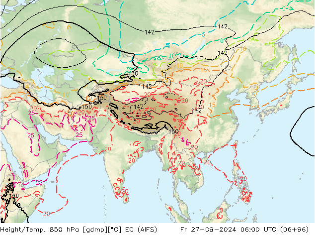 Hoogte/Temp. 850 hPa EC (AIFS) vr 27.09.2024 06 UTC