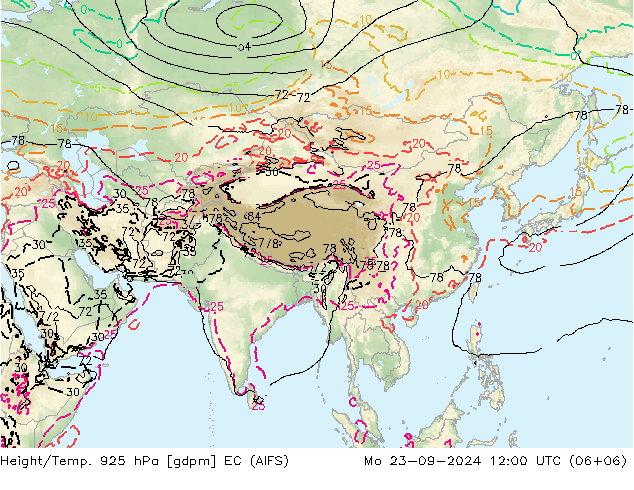 Hoogte/Temp. 925 hPa EC (AIFS) ma 23.09.2024 12 UTC