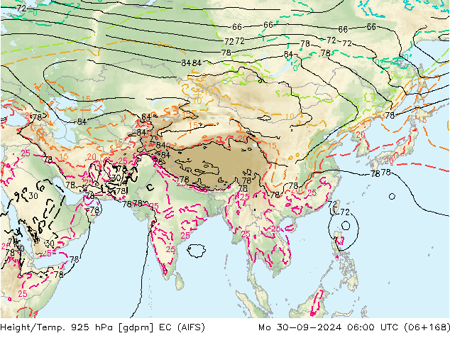 Yükseklik/Sıc. 925 hPa EC (AIFS) Pzt 30.09.2024 06 UTC