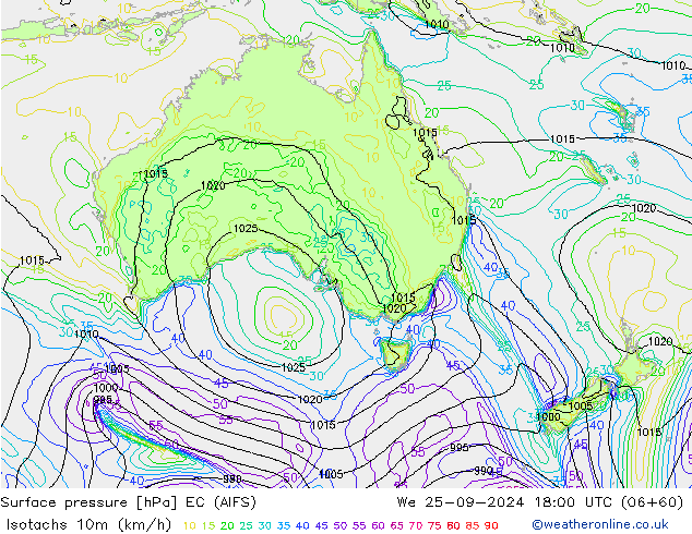 Isotaca (kph) EC (AIFS) mié 25.09.2024 18 UTC