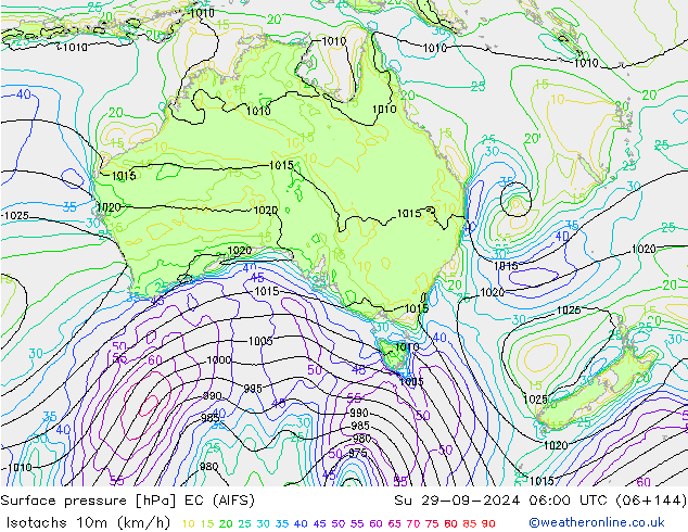 Isotachs (kph) EC (AIFS) Ne 29.09.2024 06 UTC