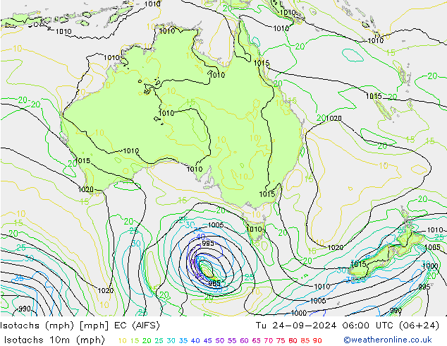 Izotacha (mph) EC (AIFS) wto. 24.09.2024 06 UTC