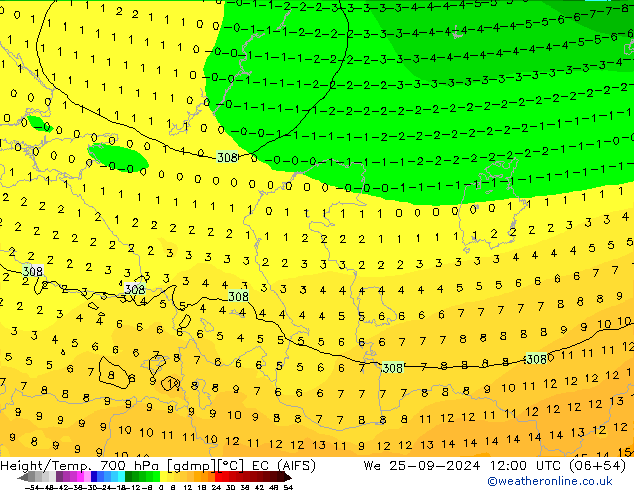 Height/Temp. 700 hPa EC (AIFS) We 25.09.2024 12 UTC