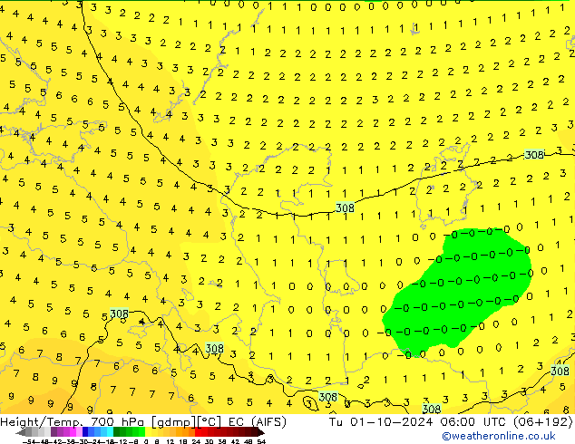 Height/Temp. 700 hPa EC (AIFS) Ter 01.10.2024 06 UTC