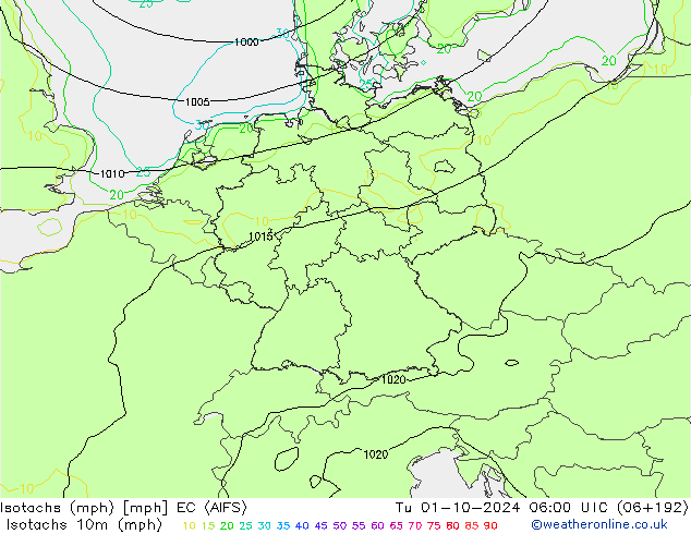 Eşrüzgar Hızları mph EC (AIFS) Sa 01.10.2024 06 UTC