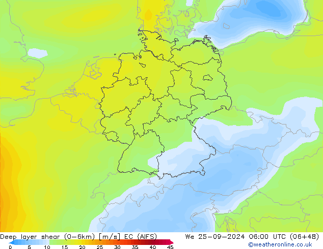 Deep layer shear (0-6km) EC (AIFS) wo 25.09.2024 06 UTC