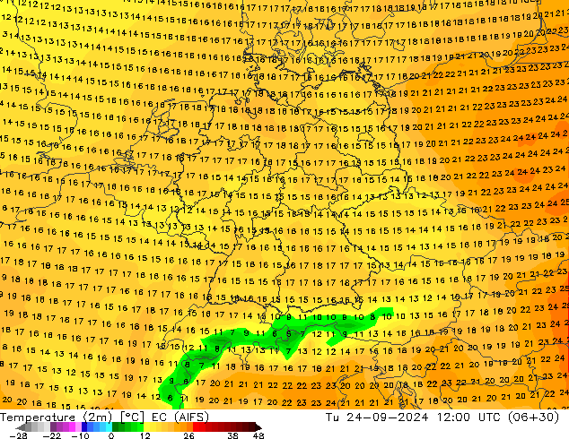 Temperatura (2m) EC (AIFS) Ter 24.09.2024 12 UTC