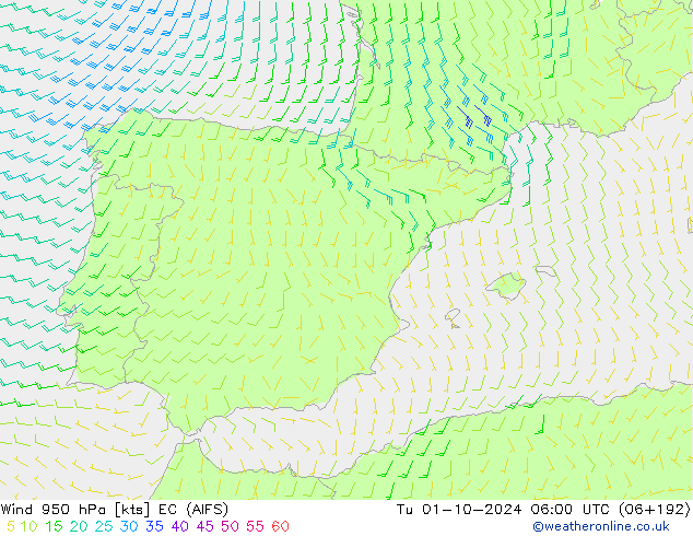 Wind 950 hPa EC (AIFS) Út 01.10.2024 06 UTC