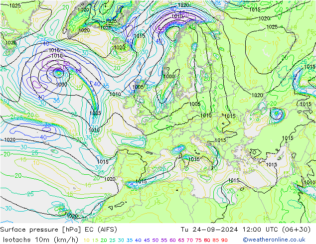 Isotachs (kph) EC (AIFS) Tu 24.09.2024 12 UTC