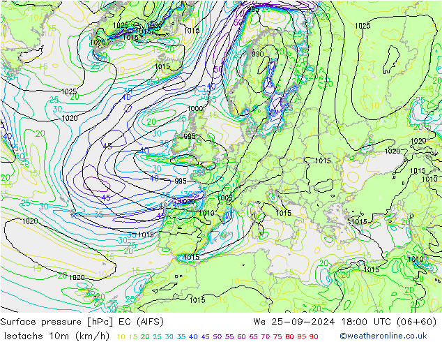 Isotachs (kph) EC (AIFS) mer 25.09.2024 18 UTC