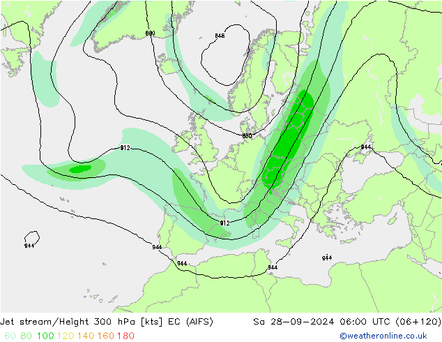 Jet stream/Height 300 hPa EC (AIFS) So 28.09.2024 06 UTC