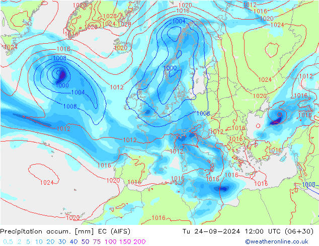 Precipitation accum. EC (AIFS) mar 24.09.2024 12 UTC