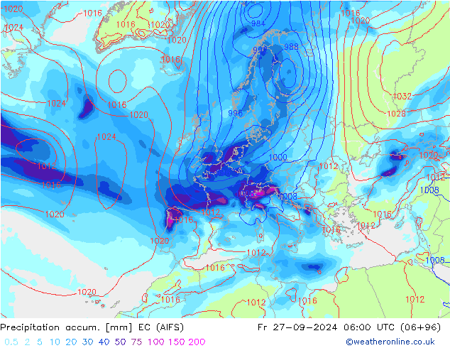 Precipitation accum. EC (AIFS) Fr 27.09.2024 06 UTC