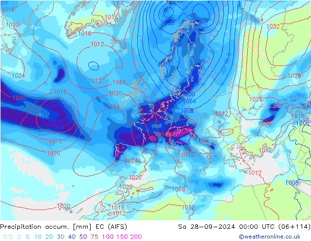 Precipitation accum. EC (AIFS) Sa 28.09.2024 00 UTC