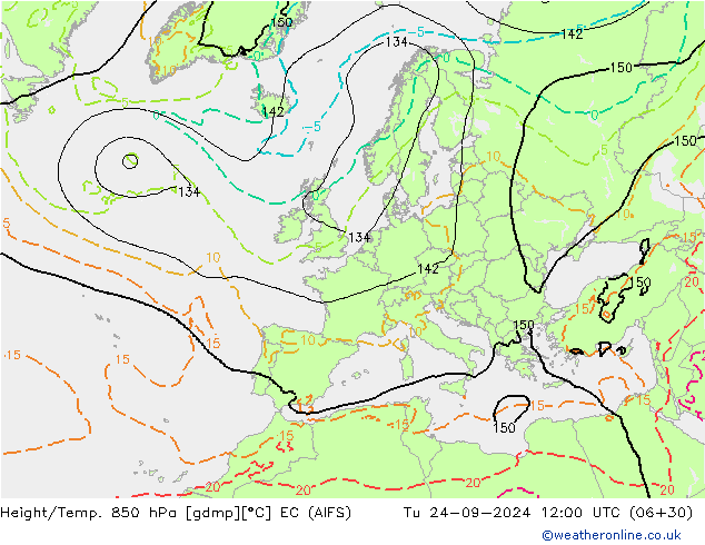 Height/Temp. 850 hPa EC (AIFS) wto. 24.09.2024 12 UTC