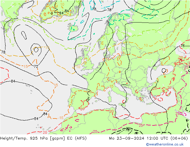 Yükseklik/Sıc. 925 hPa EC (AIFS) Pzt 23.09.2024 12 UTC