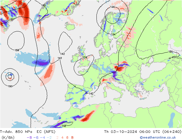 T-Adv. 850 hPa EC (AIFS) gio 03.10.2024 06 UTC