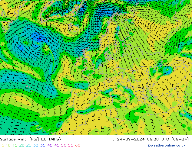 Surface wind EC (AIFS) Út 24.09.2024 06 UTC