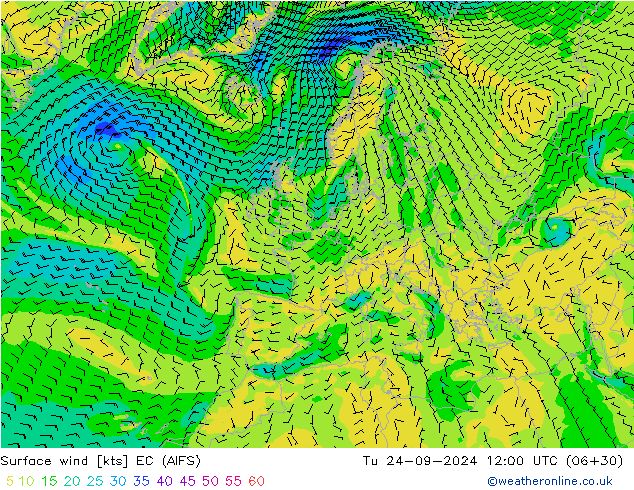 Surface wind EC (AIFS) Út 24.09.2024 12 UTC